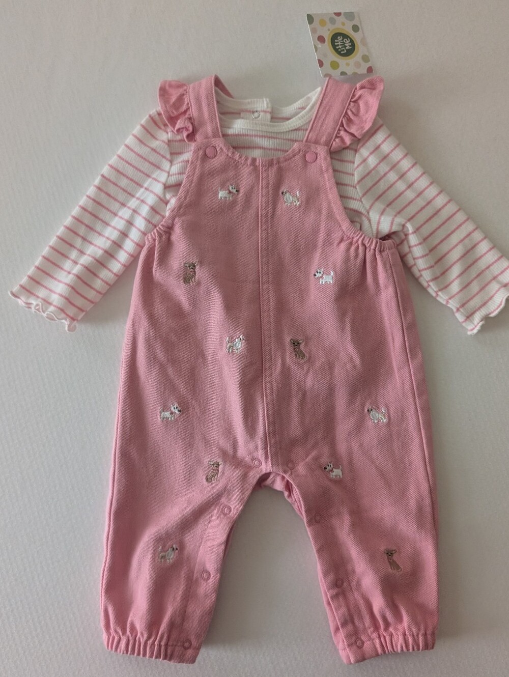 NWT Little Me Puppies Embroidered Overalls & Long Sleeve Set Pink Sz 6M